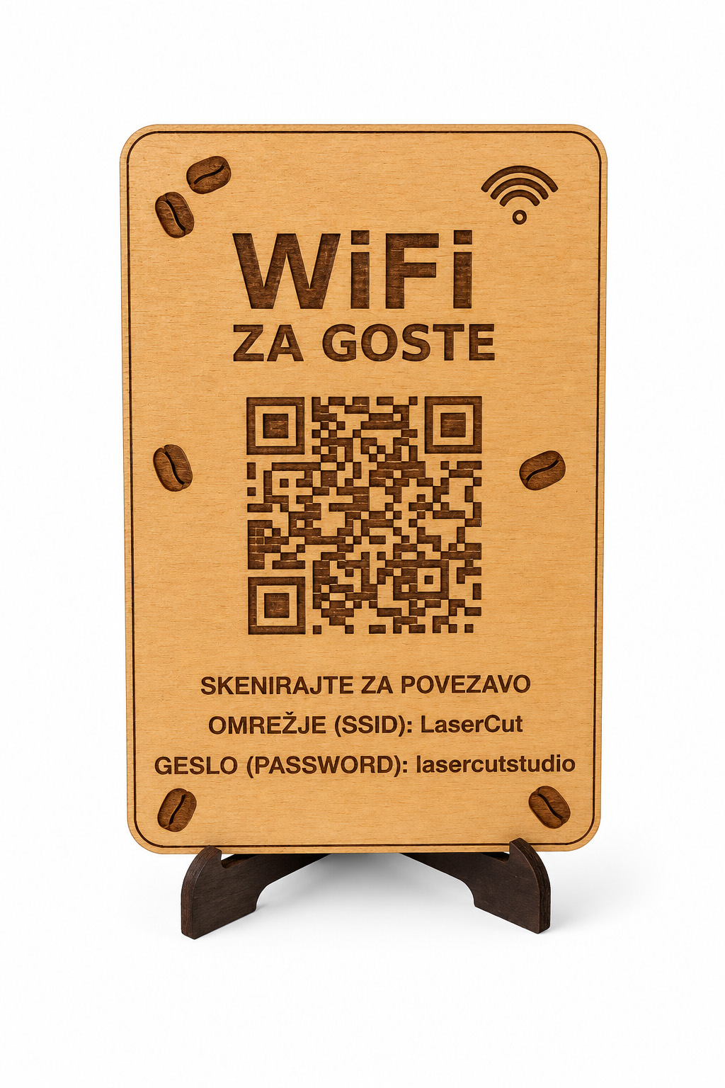 Lesena WiFi tablica s QR-kodo